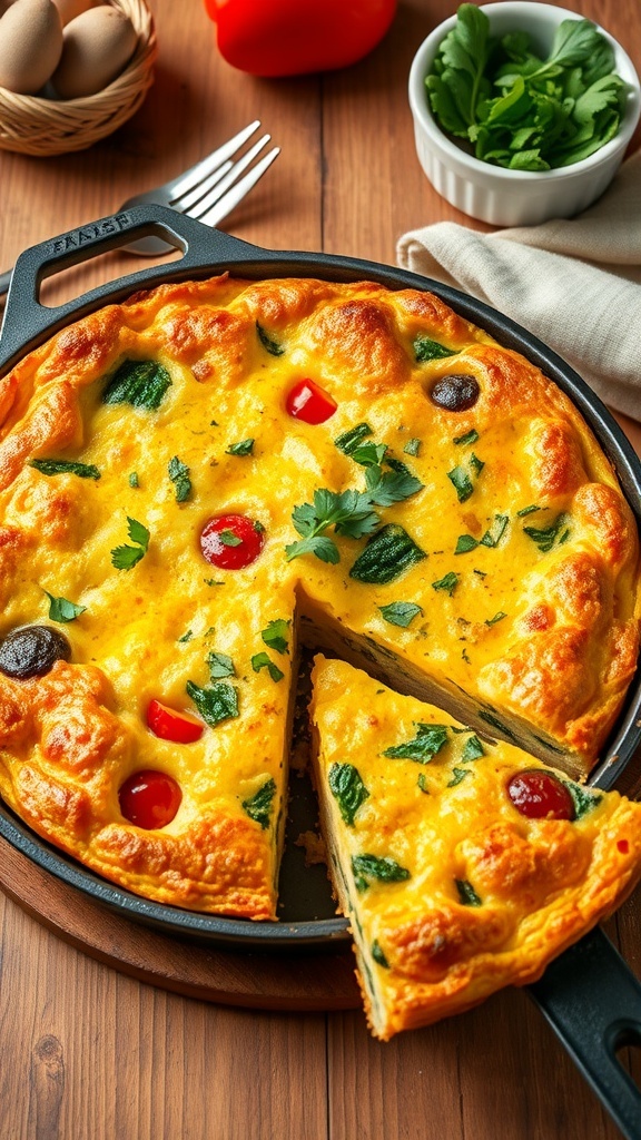 A golden egg frittata with vegetables, garnished with herbs, served in a skillet on a wooden table.